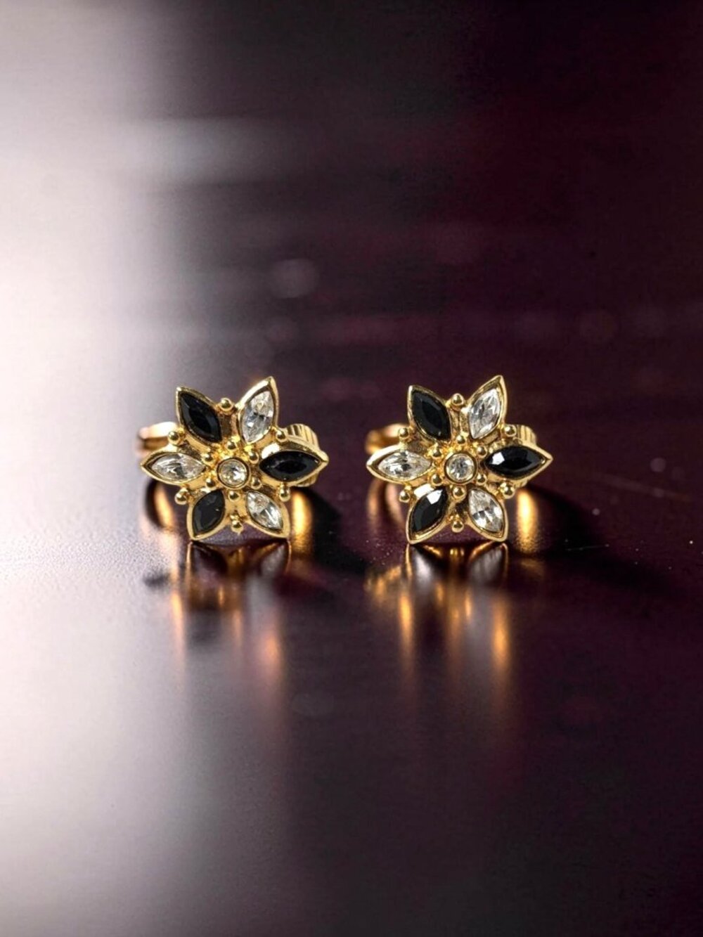 Vintage Goldtone Black and Clear Rhinestone Flower Shaped Clip On Earrings
